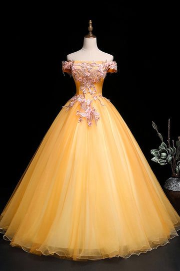 Yellow Tulle Off Shoulder Long Custom Size Senior Prom Dress, Evening Dress HZ1023